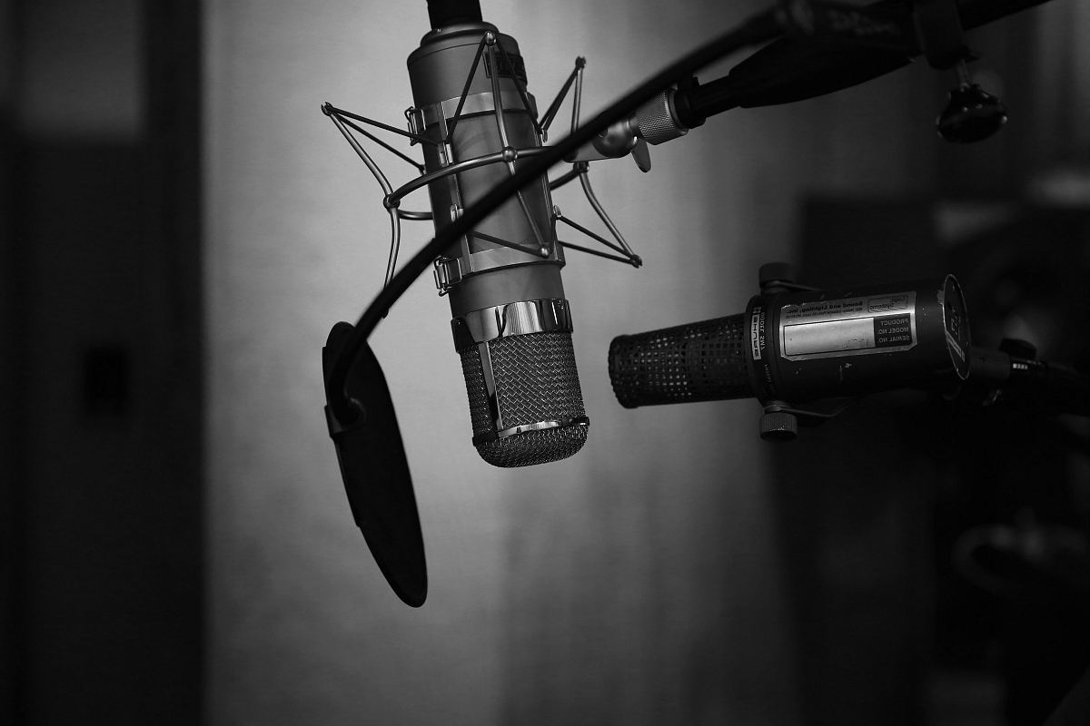 grayscale photography of condenser microphone with pop filter